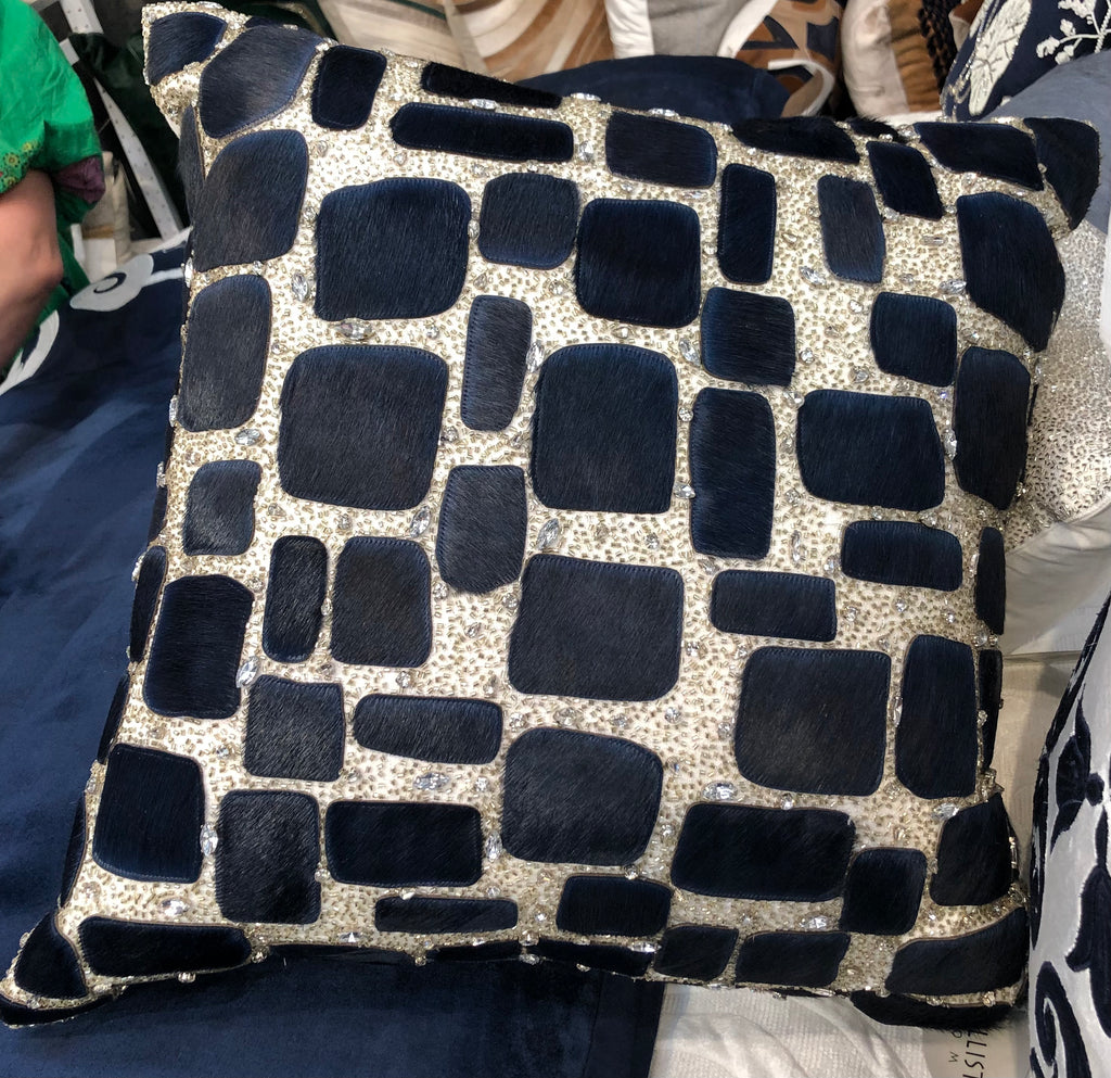 Creme with Navy Hide Squares and Beads Pillow 22" x 22"