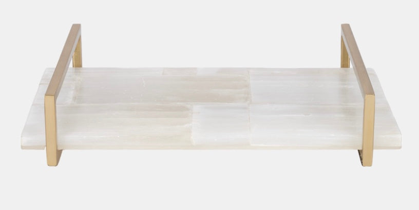 Selenite Tray with Gold Handles 14" x 9" x 3"