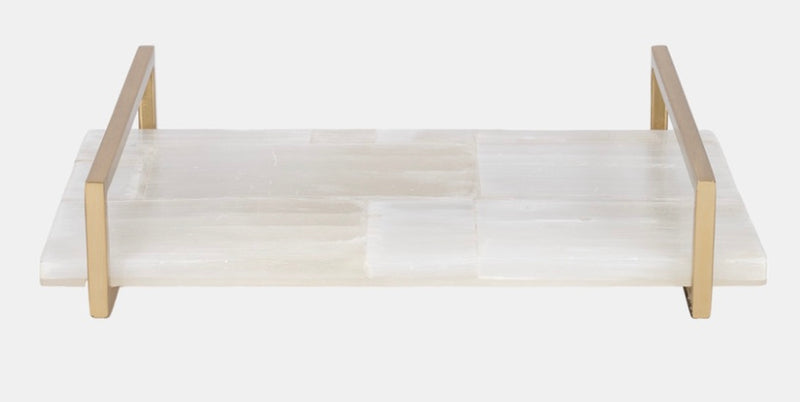 Selenite Tray with Gold Handles 14" x 9" x 3"