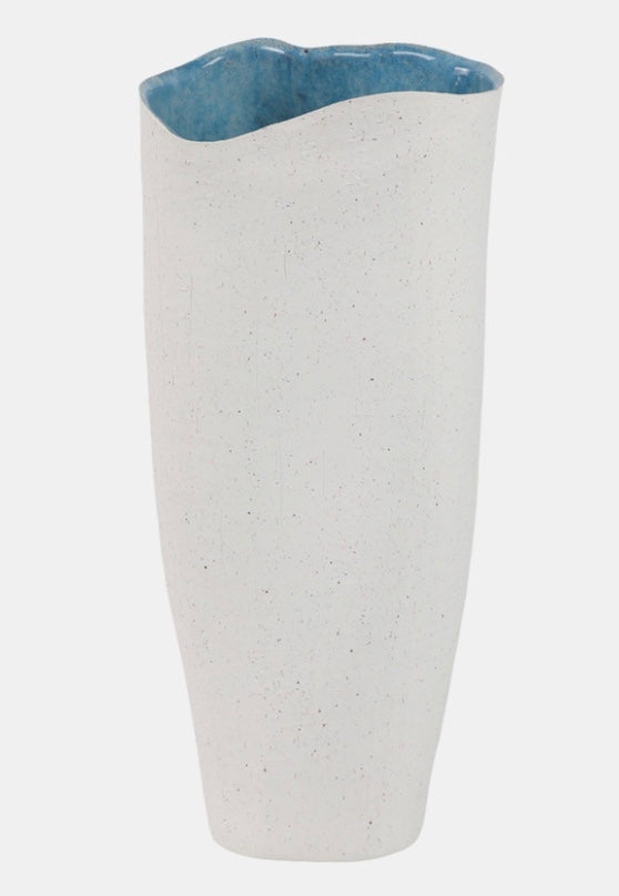 Textured Organic White Vase with Blue Interior 16" x 7"