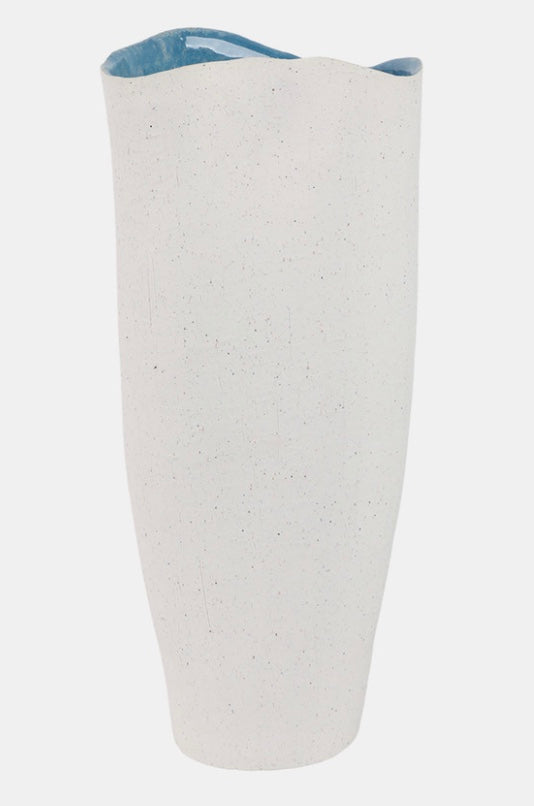 Textured Organic White Vase with Blue Interior 16" x 7"
