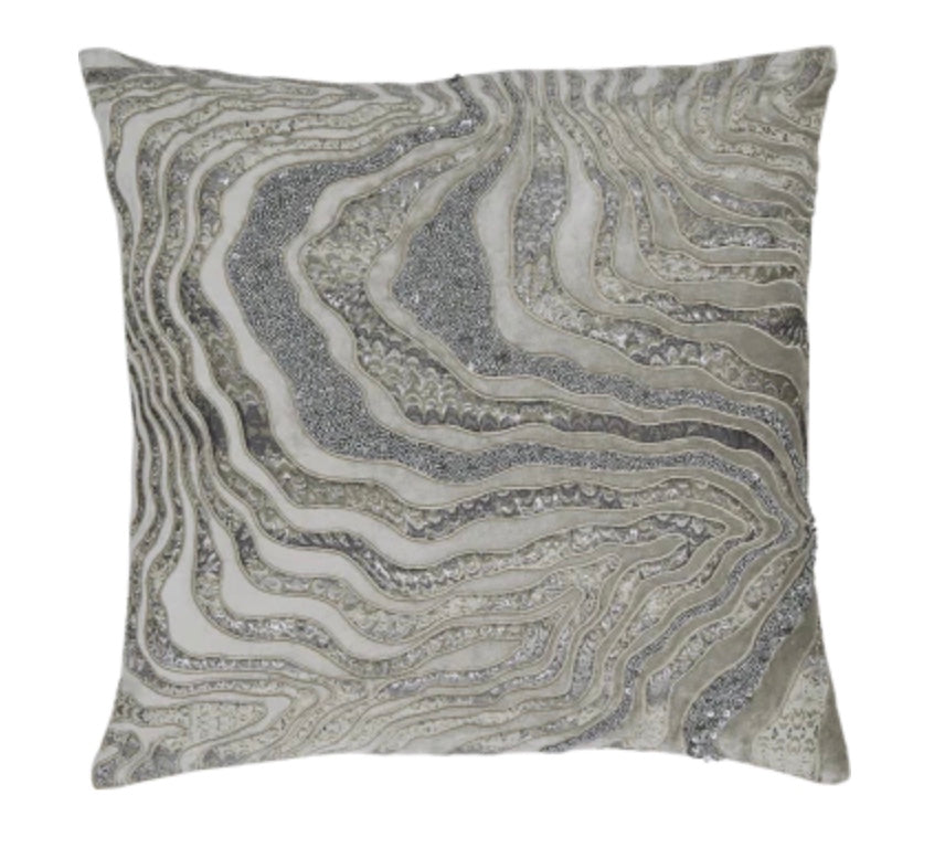 Abstract Silver Jacquard Applique with Silver Matte Beads Pillow 22" x 22"