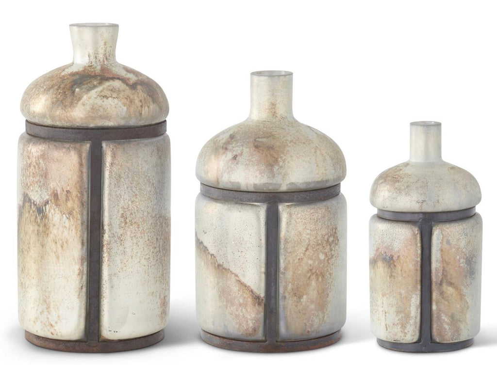 Set of 3 Burnt Green Mercury Glass Bottles