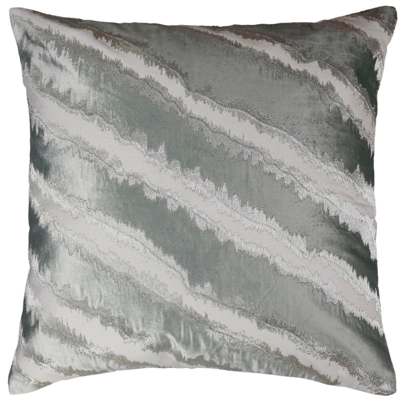 Creme Slub with Aqua Velvet & Silver Metallic Embroidery Pillow 22" x 22"