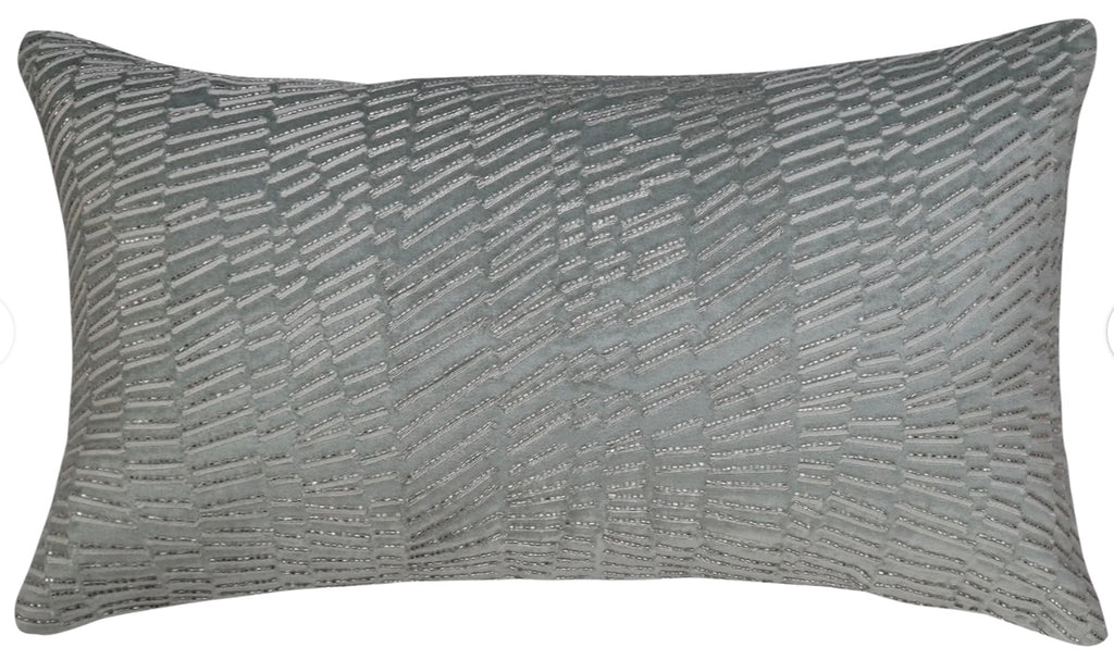 Aqua Velvet with Abstract Creme Embroidery & Silver Crystal Beads Pillow 14" x 24"