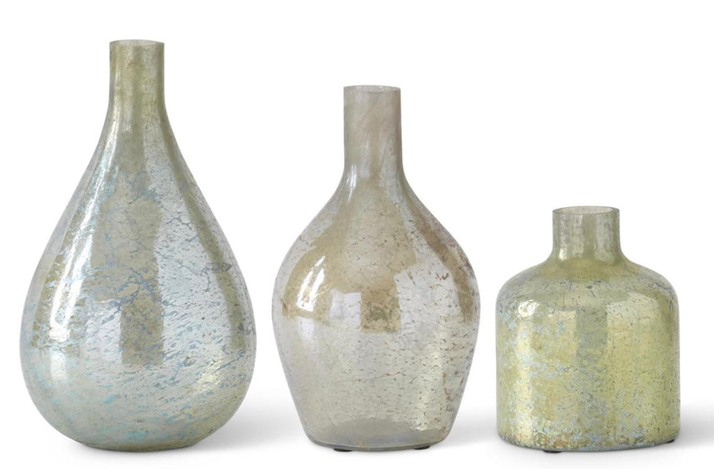 Set of 3 Antique Light Green Matte Glass Bottle Vases