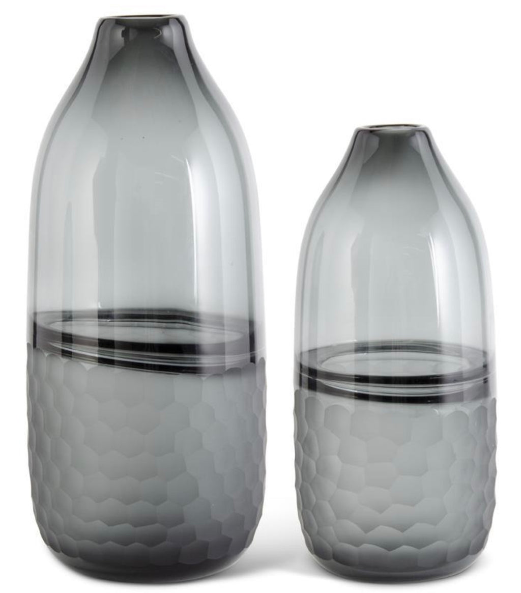 Set of 2 Transparent Smoke Glass Vases with Frosted Honeycomb Pattern